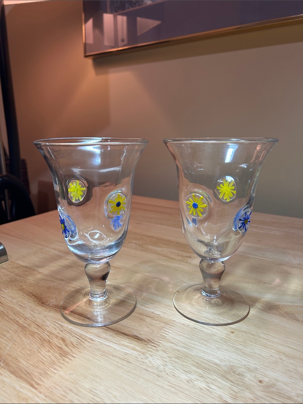 (2) Artland Art Glass Goblets Dimensional Blue Yellow Flowers New 7 3/8” Summer